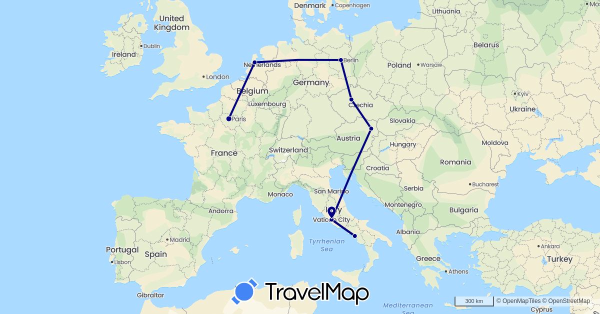TravelMap itinerary: driving in Austria, Czech Republic, Germany, France, Italy, Netherlands (Europe)